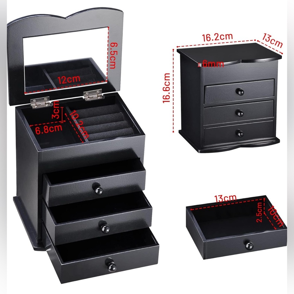 Compact Black Jewelry Organizer with Mirror and Drawers